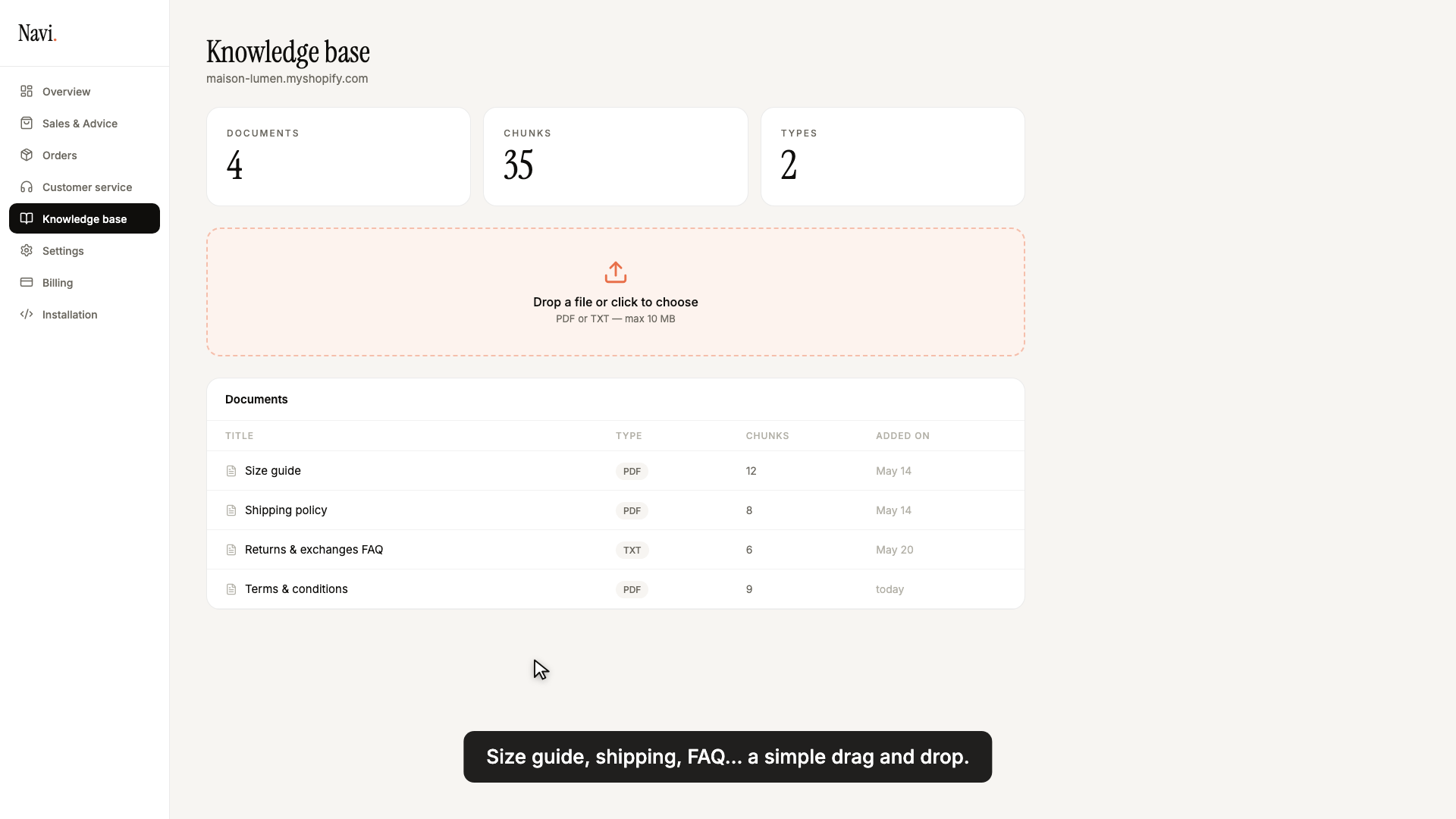 Knowledge base section: drag-and-drop upload area and the document list with type and chunk count