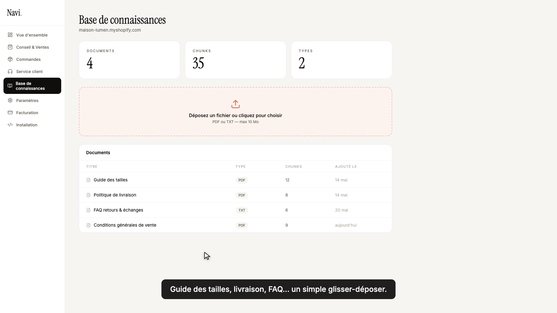 Section Base de connaissances : zone d'import glisser-déposer et liste des documents avec leur type et leur nombre de chunks
