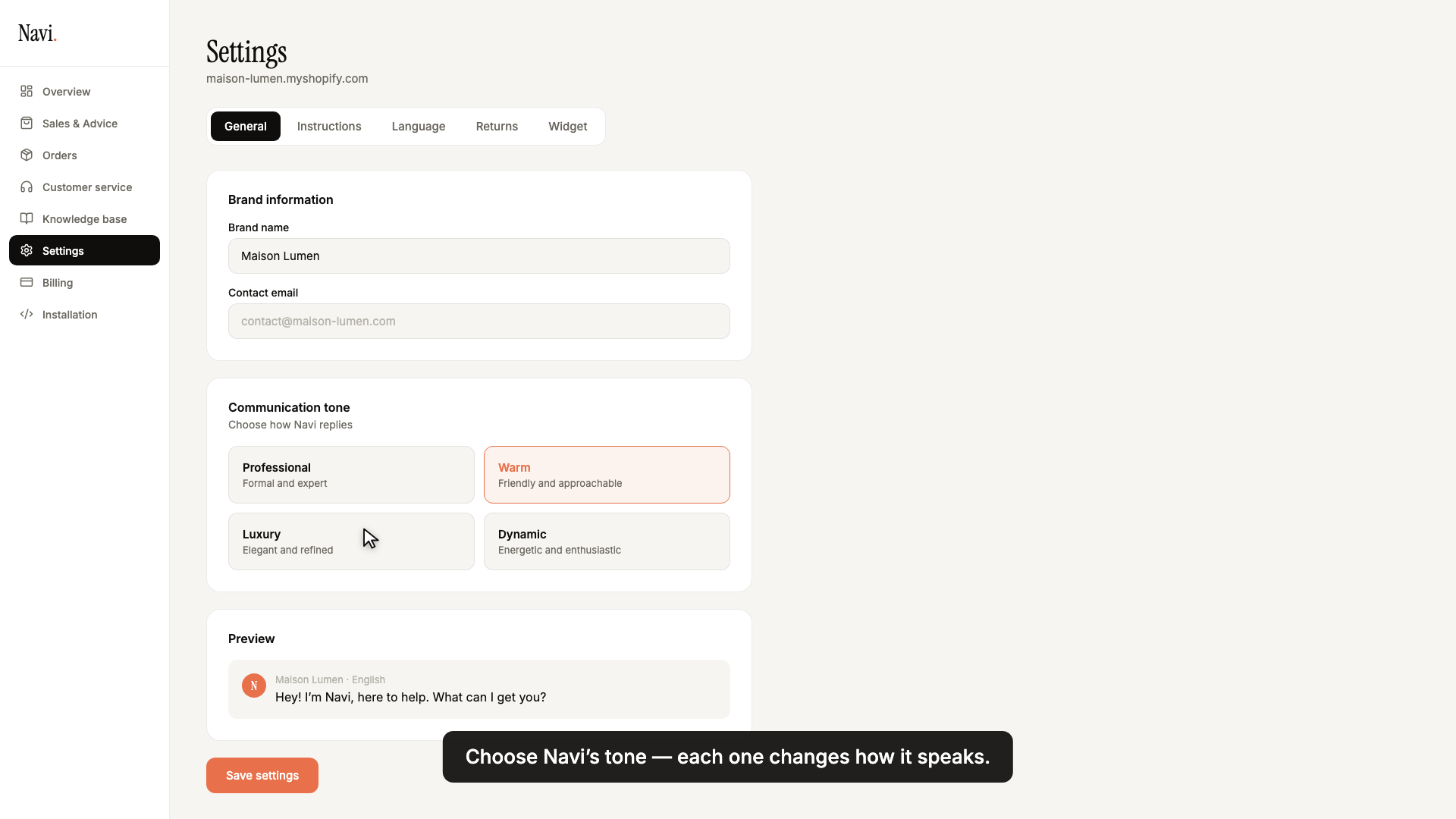 General settings tab: brand name, tone selection, and a preview of Navi's reply